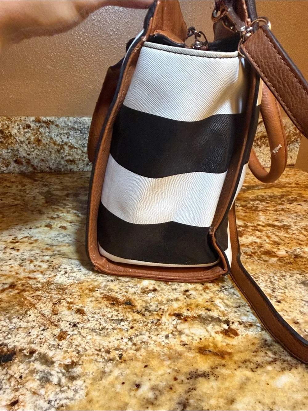 Michael Kors Black & White Striped Satchel with Brown Trim